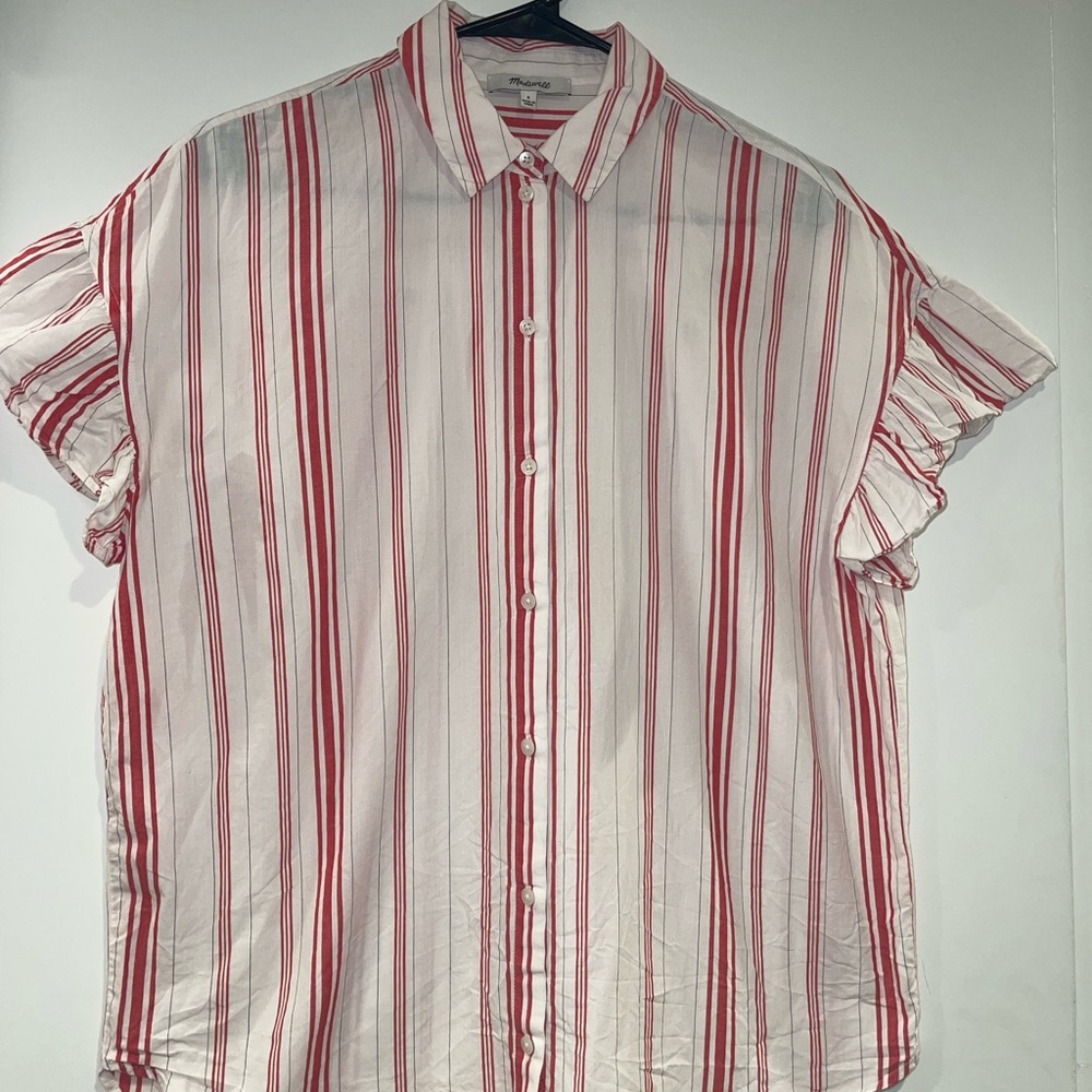 Madewell Striped Red and White Ruffled Sleeves Button Up